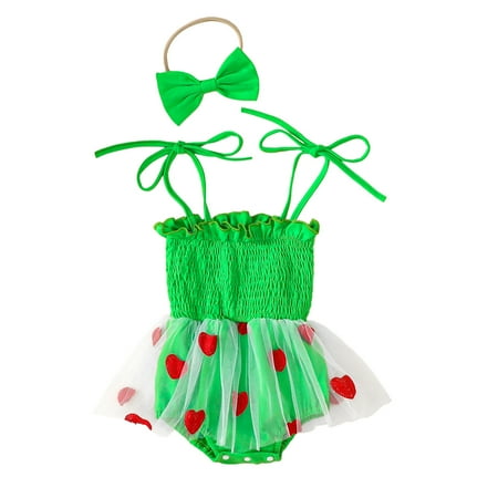 

EHQJNJ Family Matching Christmas Pajamas Baby Girl Outfits Sleeveless Tie Strap Heart Print Dress with Headband Set Casual Clothes Cute Christmas Pajamas for Girls 12-18 Months