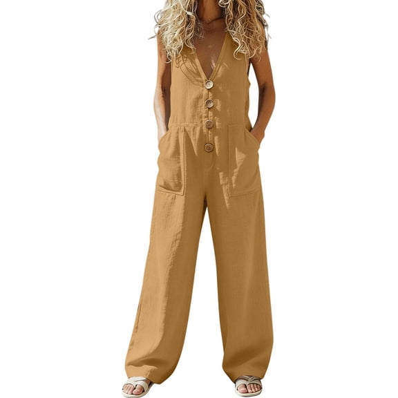 fheaev Jumpsuit for Women Sleeveless Button V Neckwide Leg Loose Fit with Pockets Casual Summer Going Out Everyday Wear Yellow M
