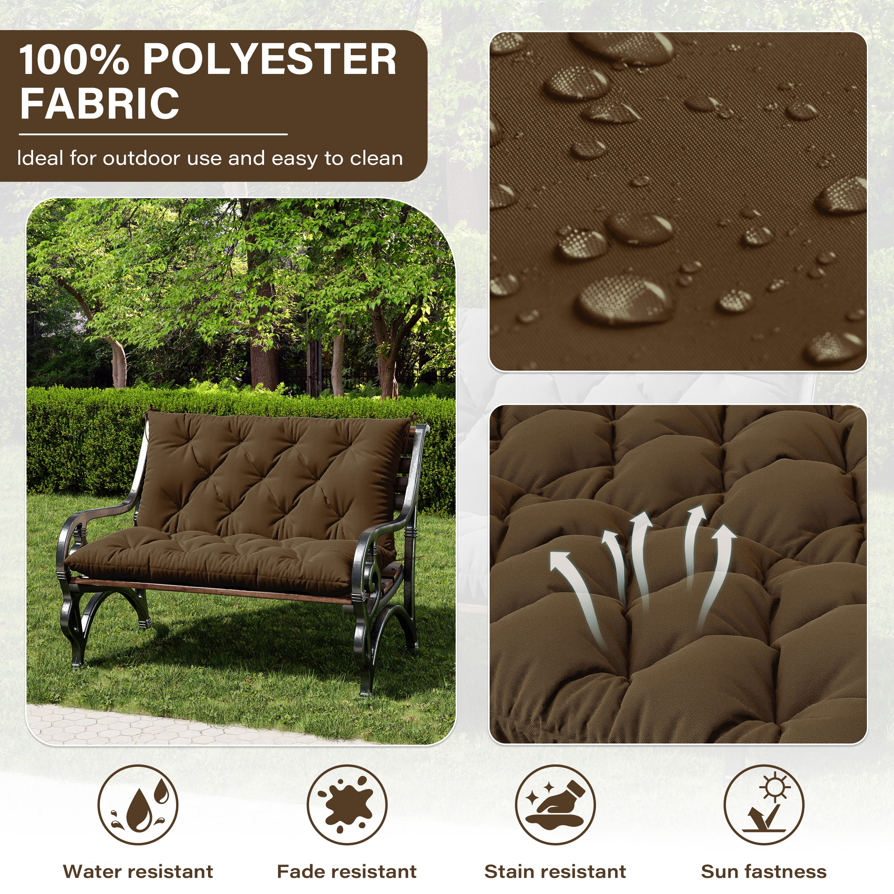 Snubbull Swing Replacement Cushion, Outside Bench Cushion with Backrest, 2 Seater Cushion with 6 Ties for Outdoor Furniture, 40 x 40 x 5 inches Porch SwingCushion Garden Bench, Chocolate