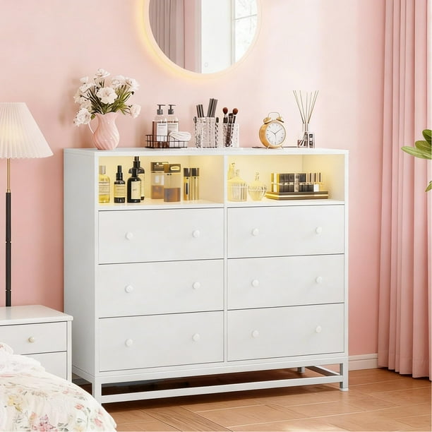 Comoda Cajonera para Recamara, Cómoda con Luces LED y Tomas de Corriente Integradas, Cómoda Moderna para Sala, Mueble Organizador Cajonera de Estructura Metal con 6 Cajones,120*40*93CM (Blanco)
