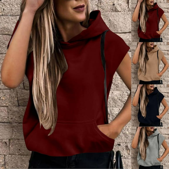 Aboser Womens Casual Cap Sleeve Hoodies Drawstring Loose Fit Sweatshirts Solid Color Hooded Shirts Lightweight Breathable Hoodie Tops with Pocket Gray XL