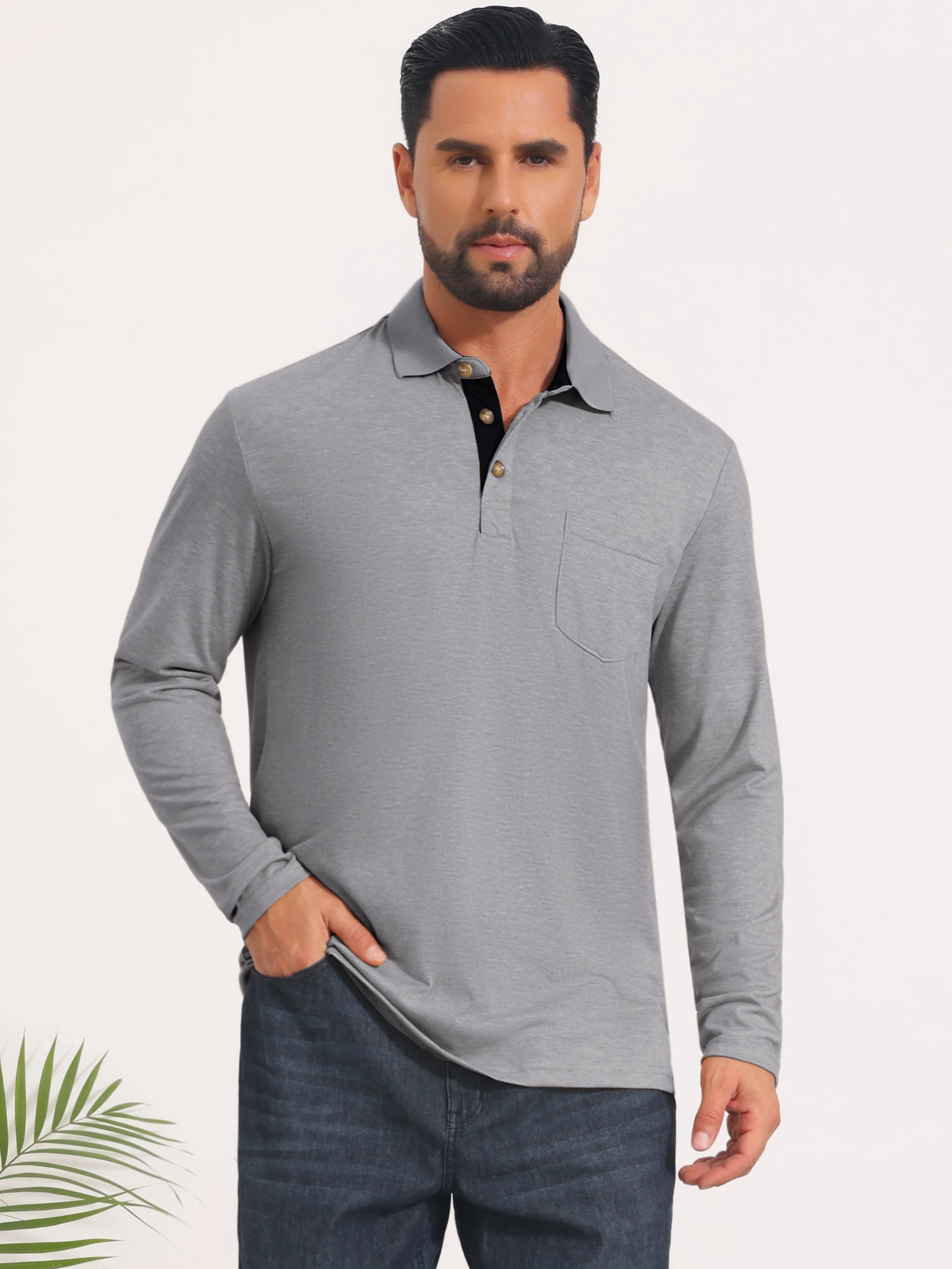 DARING DIVA Men's Contrast Button Collared Long Sleeves Golf Polo T-Shirts XL Light Gray