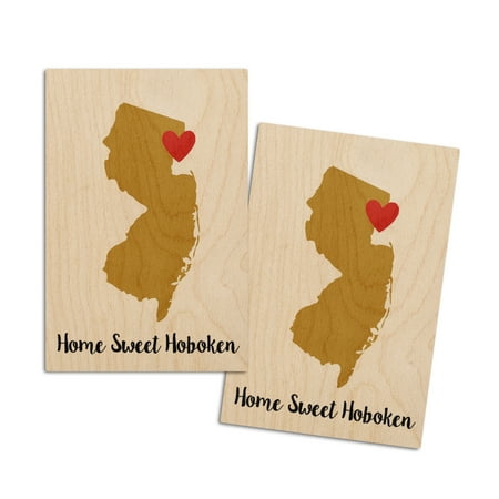 

Home Sweet Hoboken New Jersey State Outline and Heart (Gold and Red) (4x6 Birch Wood Postcards 2-Pack Stationary Rustic Home Wall Decor)