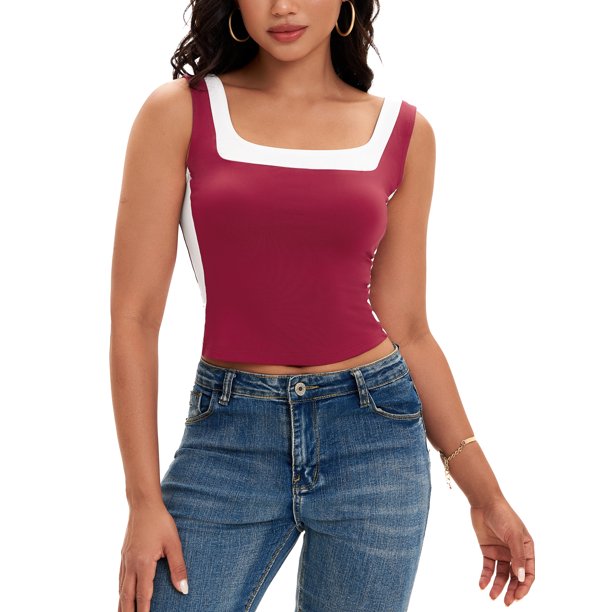ATHLECHIC Camiseta sin mangas de cuello cuadrado de verano, top corto a rayas de color M Burdeos