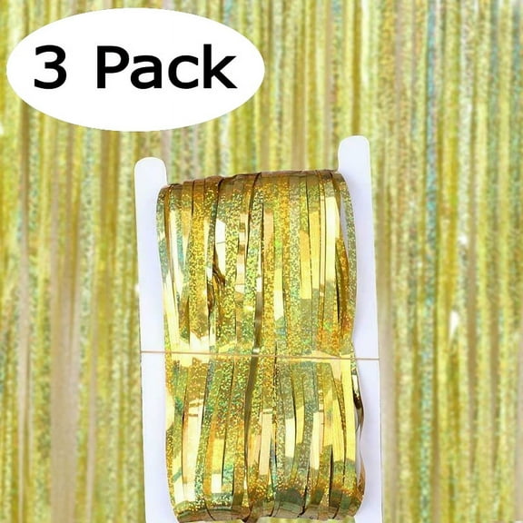 3.2 ft x 9.8 ft Metallic Tinsel Foil Fringe Curtains Pack of 3 for Party Photo Backdrop Wedding Decor (Sparkle Gold)