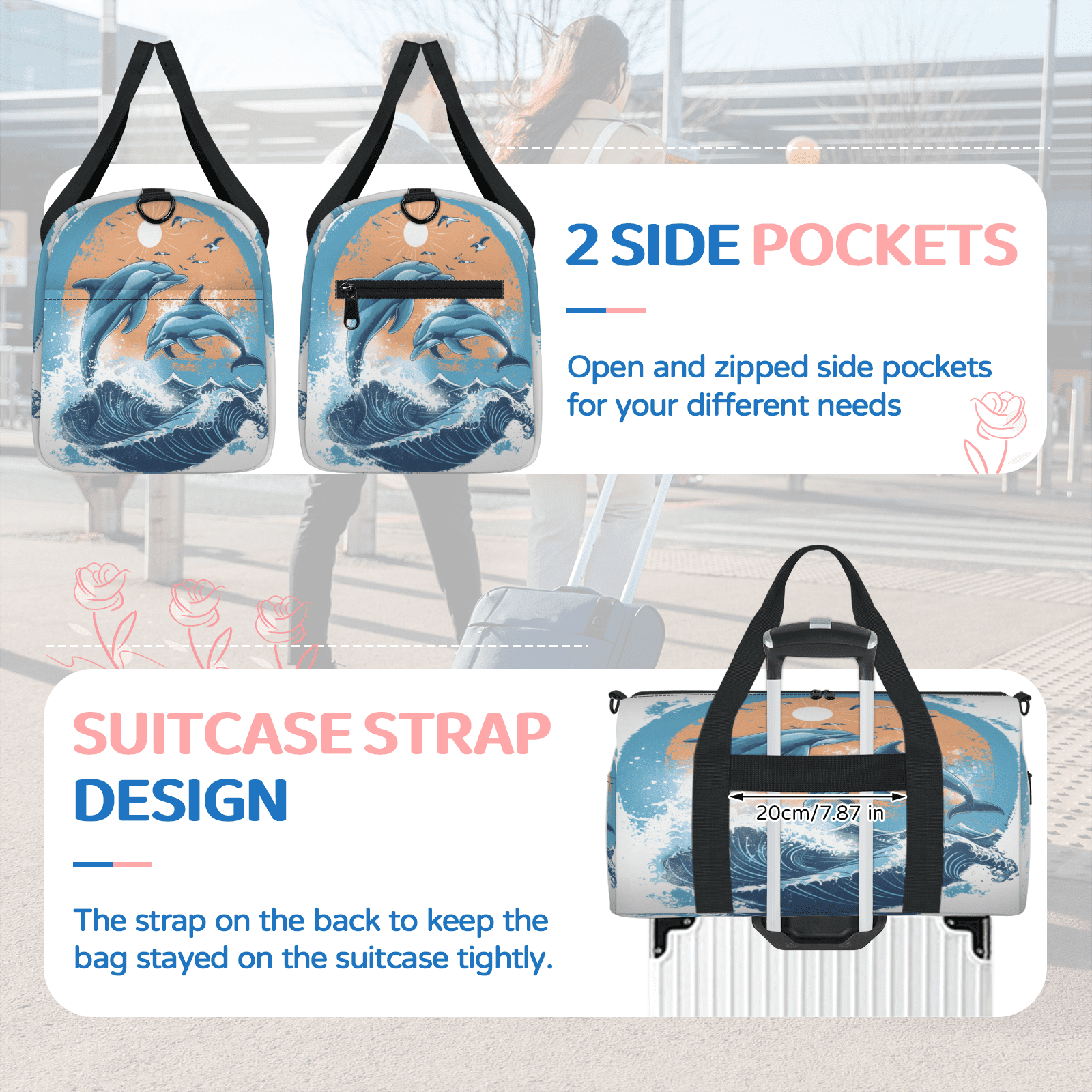 Herdesigns Dolphin Travel Duffle Bag Sports Yoga Weekender Overnight Carry on Workout Bags Lightweight Waterproof Gym Tote Bag for Women Sea Animals Blue Ocean