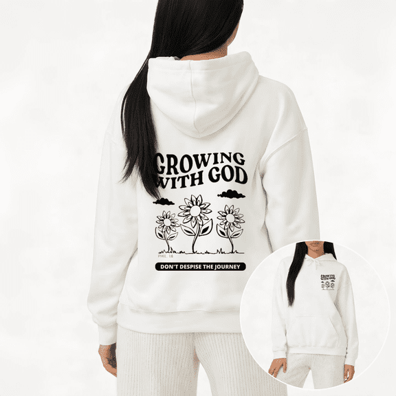 Growing With God Print Hoodie Sweatshirt Graphic Sweatshirt White Faith Gift Church Wear S-2XL Womens Tops