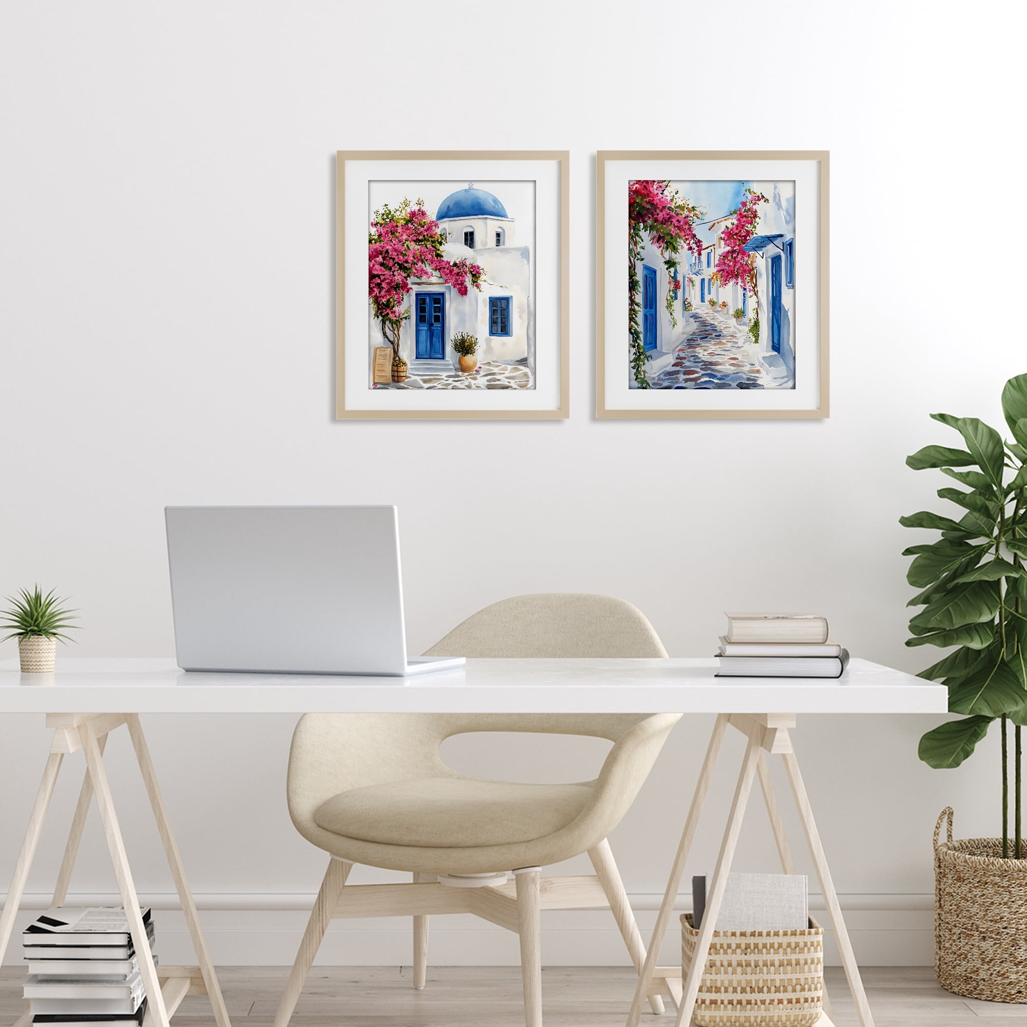 Stupell Industries Santorini House with Pink Tree 2 Piece Birch Framed Print Under Glass Set, design by LSR Design Studio