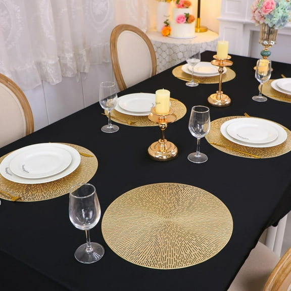 Round Gold Metallic Placemats, Set of 6 Vinyl Hollow 15 Inch Mats, Washable, Heat Resistant, Non-Slip, Wipeable Table Mats for Dining, Wedding & Party Decor