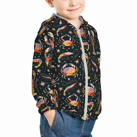 

Uemuo Various Crustaceans Pattern Rash Guard for Boys Girls Long Sleeve Swim Shirts UPF 50+ UV Sun Protection Hooded Fishing Shirt with Pocket for Kid-4 Years