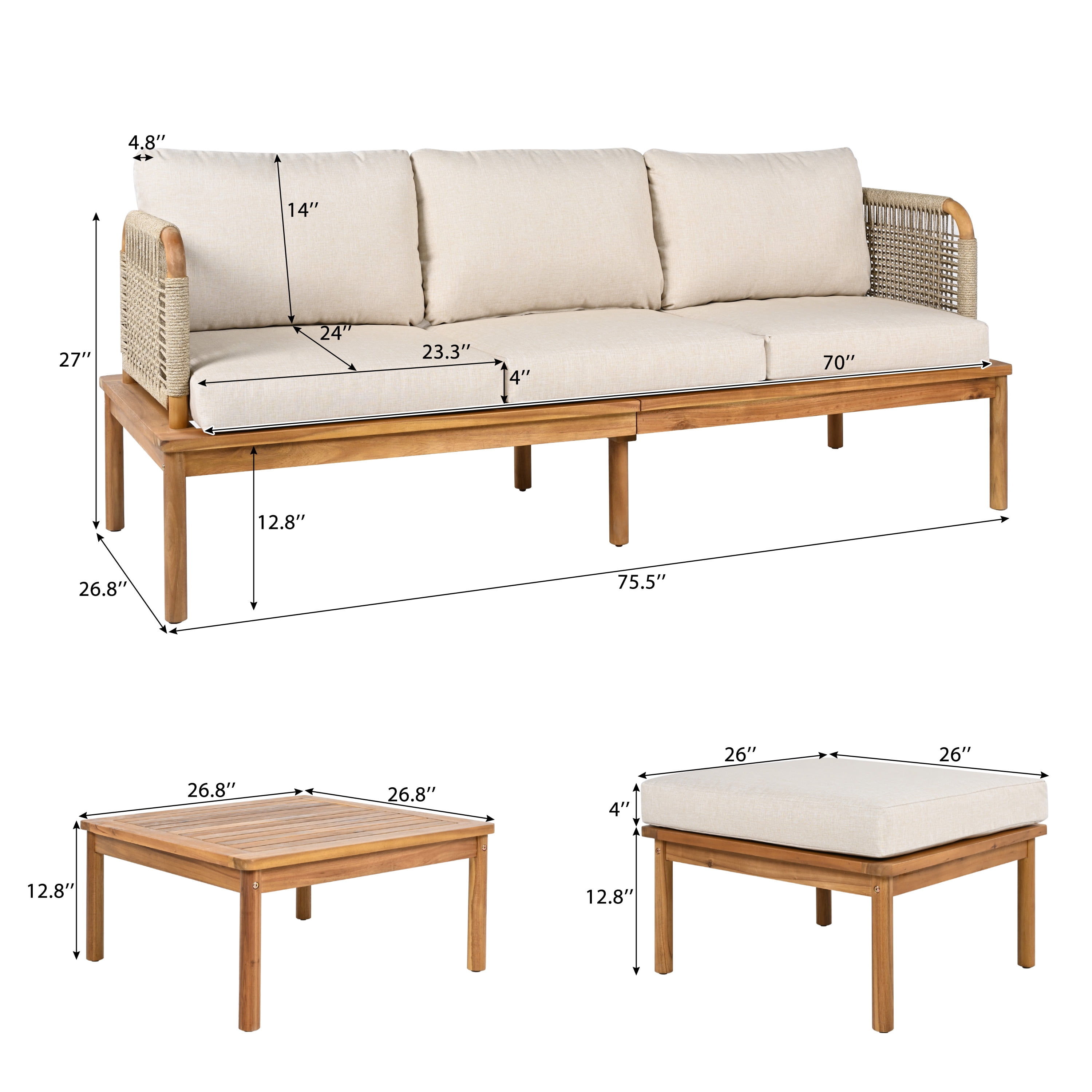Outdoor 3-Piece Acacia Wood & Rope Patio Sofa Set, Conversation Seating with Ottoman & Coffee Table for Garden Backyard Deck, Teak+Beige