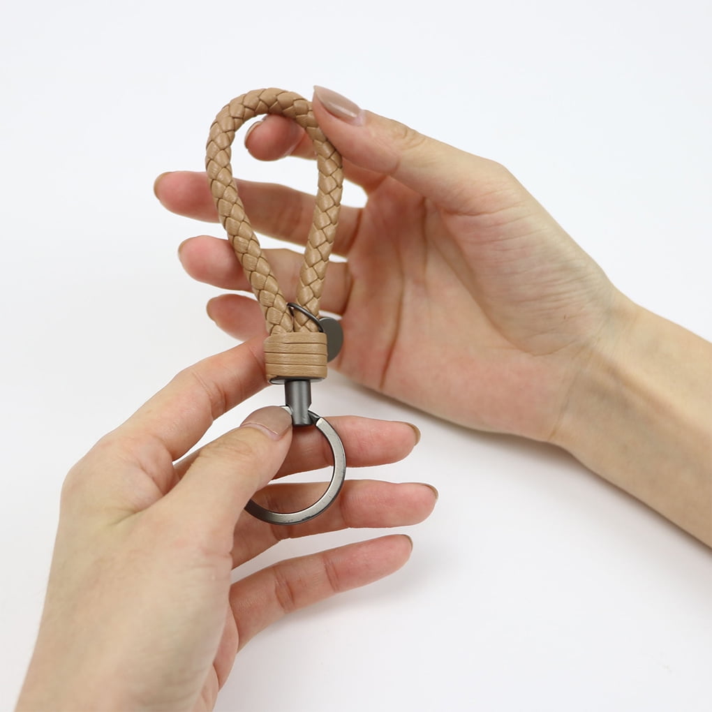 Leather Braided Woven Rope Keychain Lovely DIY Bag Hanging Pendant Exquisite Key Chain Car Keyring Holder Metal Jewelry for Men Apricot Color