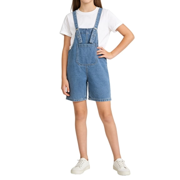 UACY Girls Cropped Denim Overalls, Adjustable Strap Short Length Baggy Wide Leg Y2K Preppy Jean Jumpsuit with Pockets (Blue, 13-14 Years)