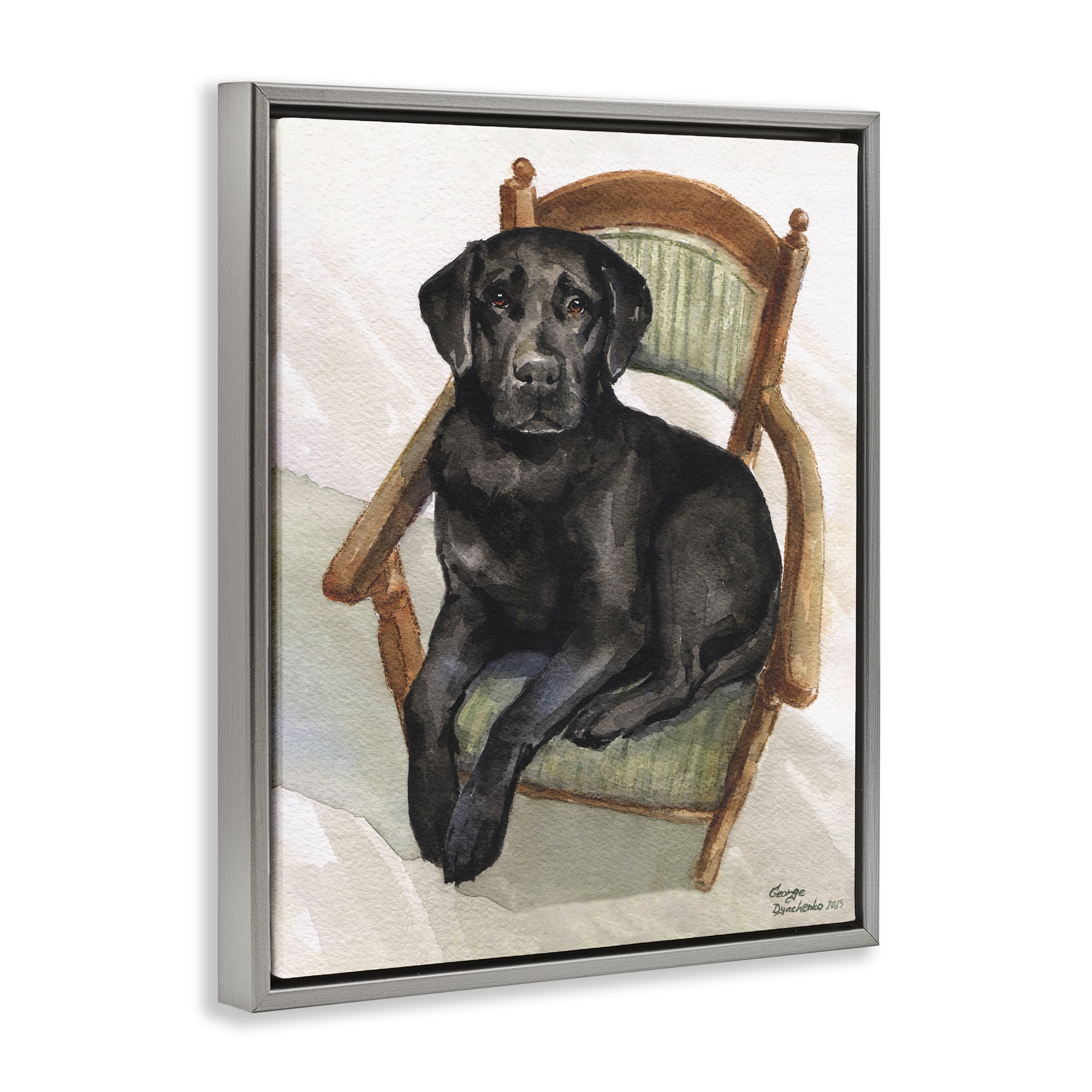 Stupell Industries Black Labrador On Chair Gray Framed Floater Canvas Wall Art, design by George Dyachenko