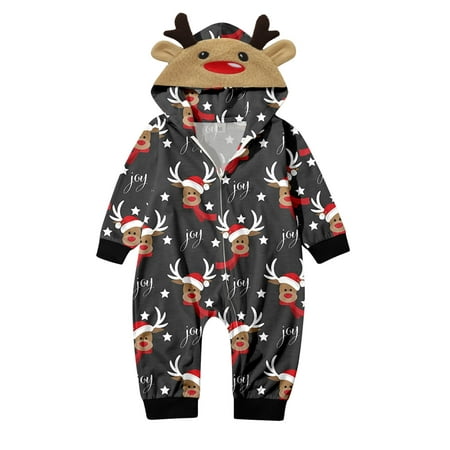 

Xutthjh Baby Merry Christmas Dark Grey Printed Hooded Zipper Jumpsuit Family Outfit
