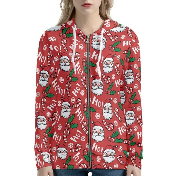 DISNIMO Christmas Hoodies for Women Santa Claus Printed Hooded Sweatshirts Zip Up Jacket Coat Snowflake Printed Sport Sweatshirt with Pockets, XS