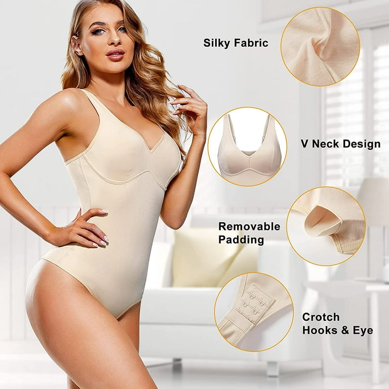 Gotoly Bodysuit Shapewear for Women Tummy Control Tank Top Camisole  Sleeveless V Neck Padded Bra Jumpsuit Stretchy Leotard(Beige 3X-Large)