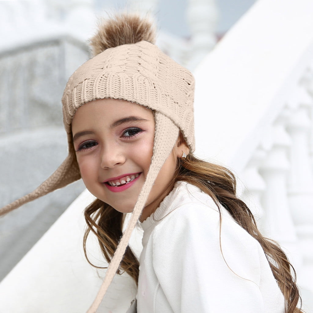 Home Prefer Toddler Girls Winter Hats Fleece Lined Flower Knit Kids Earflaps Hat 
