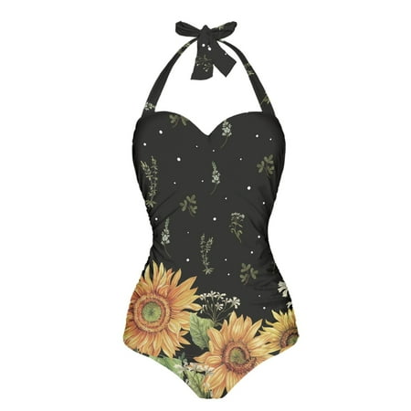 FKELYI One Piece Swimsuit Women s Cosy Swimwear with Halter Strap Bathing Suit Tummy Control Monokini with Soft Pad for Ladies Swimming Surfing  Retro Sunflower Print  2XL