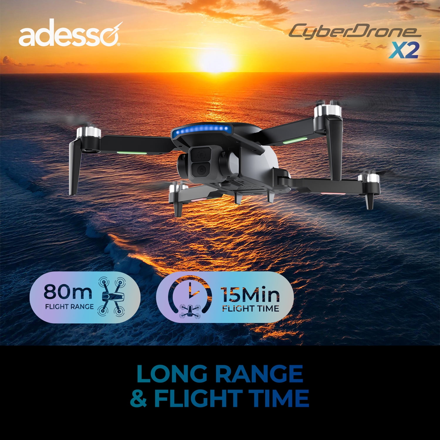 Adesso CyberDrone X2 1080p Drone with FPV Camera, Gimbal, and Remote, CyberDrone X2