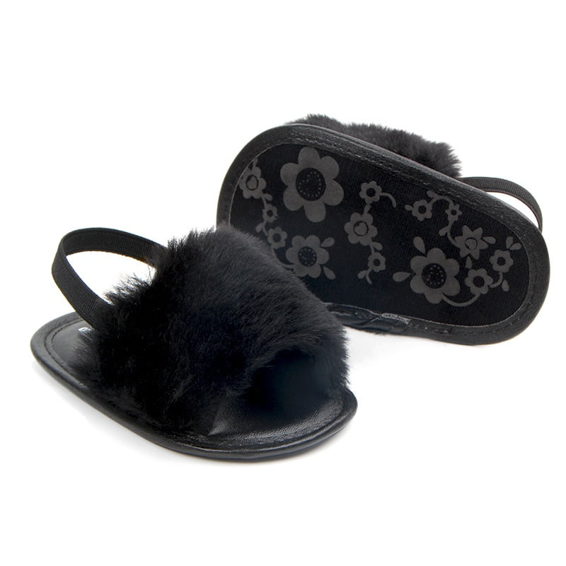 High end Women Fox Fur Slippers Slides Female Furry Indoor Flip Flops Casual Beach Plush Shoes,7.5M,Black