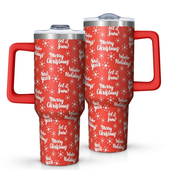 Red Christmas Text and Snowflake Pattern Tumbler with Handle and Lid,40oz Double Wall Vacuum Insulated Tumbler,Cups Gift for Women and Men
