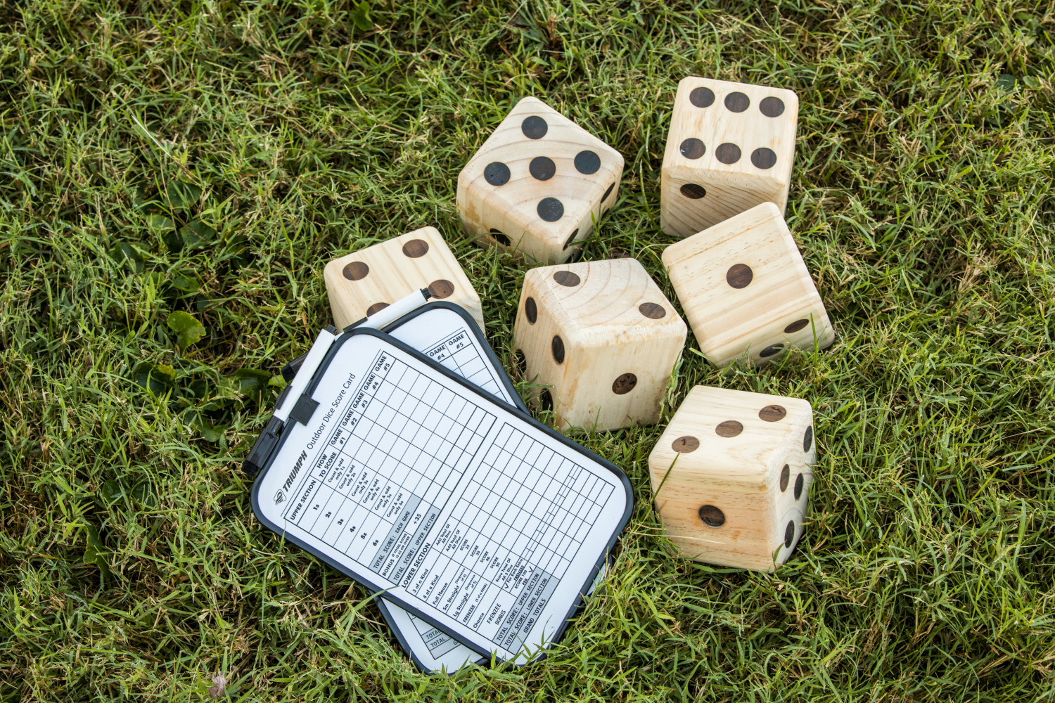 Triumph Big Roller Six Large Wooden Lawn Dice Set for Outdoor Use with Included Dry-Erase Scorecards, Markers, and Carry Bag