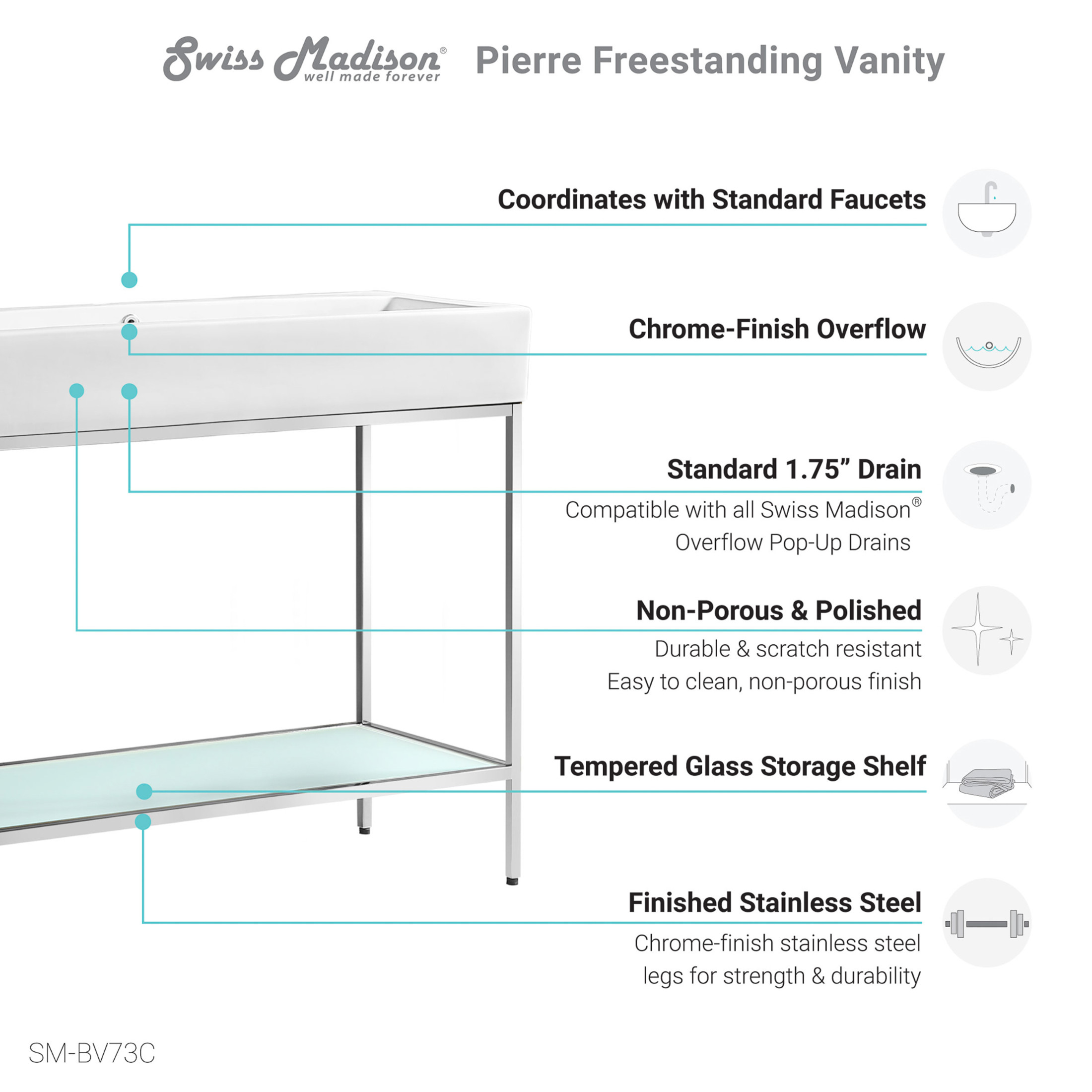 Pierre 40 Single, Freestanding, Open Shelf, Chrome Metal Frame Bathroom Vanity