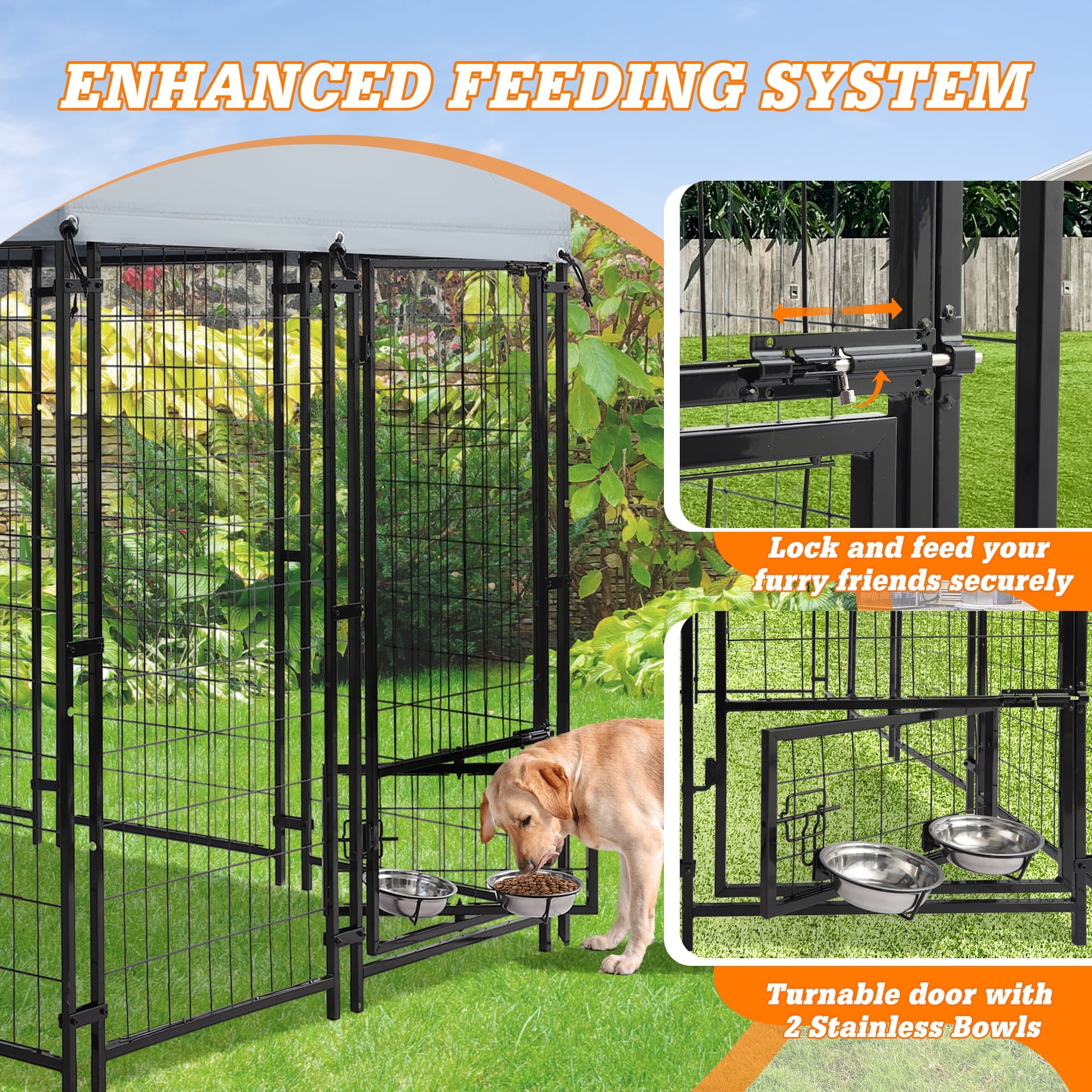 Magic Union 8x4x6 FT Outdoor Dog Kennel with Roof Cover, Heavy Duty Dog House Outside with Lockable Door, Indoor Dog Playpen Outdoor Dog Cage Pen Pet Fence with 2 Rotating Feeding Bowls for Large Dog