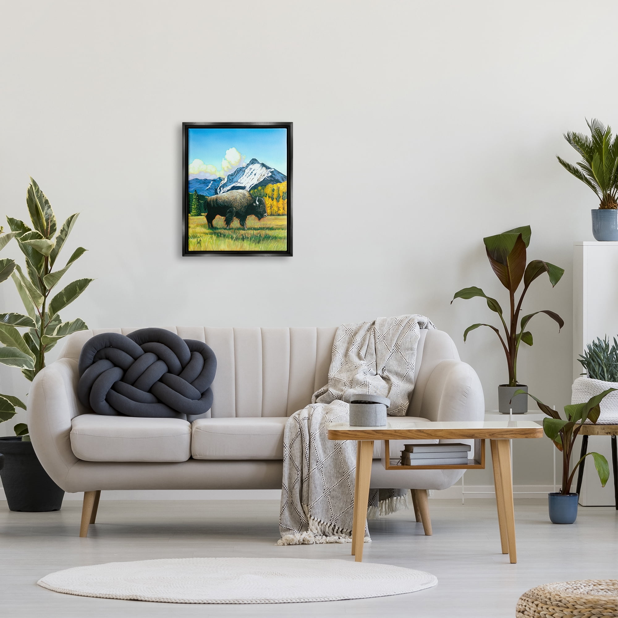 Stupell Industries Bison Rural Mountain Painting Animals & Insects Painting Black Floater Framed Art Print Wall Art, 17 x 21