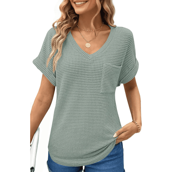 UVN Womens Summer Tops Short Sleeve V Neck Blouses Ladies Casual Waffle Knit Trendy Tunic Shirts