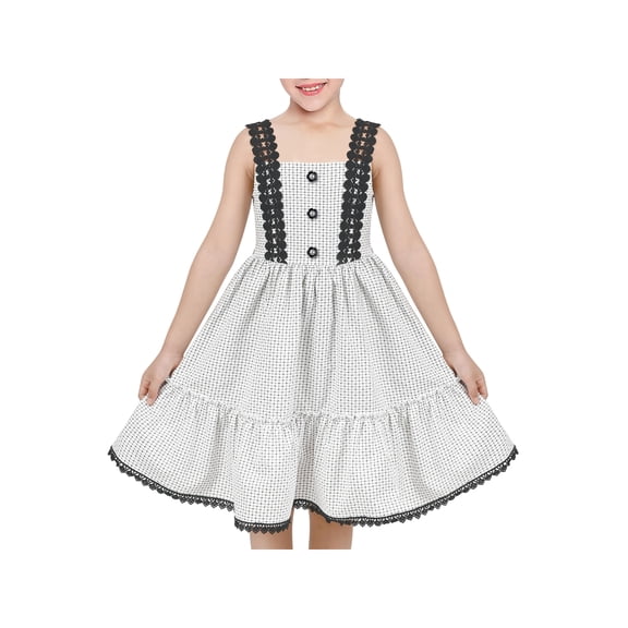 Girls Dress White Black Plaid 1950s Vintage Strap Sleeveless Casual 5 Years