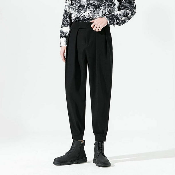 Pantalones de traje largos para hombre, de color liso, con ribete y pierna caída, de poliéster