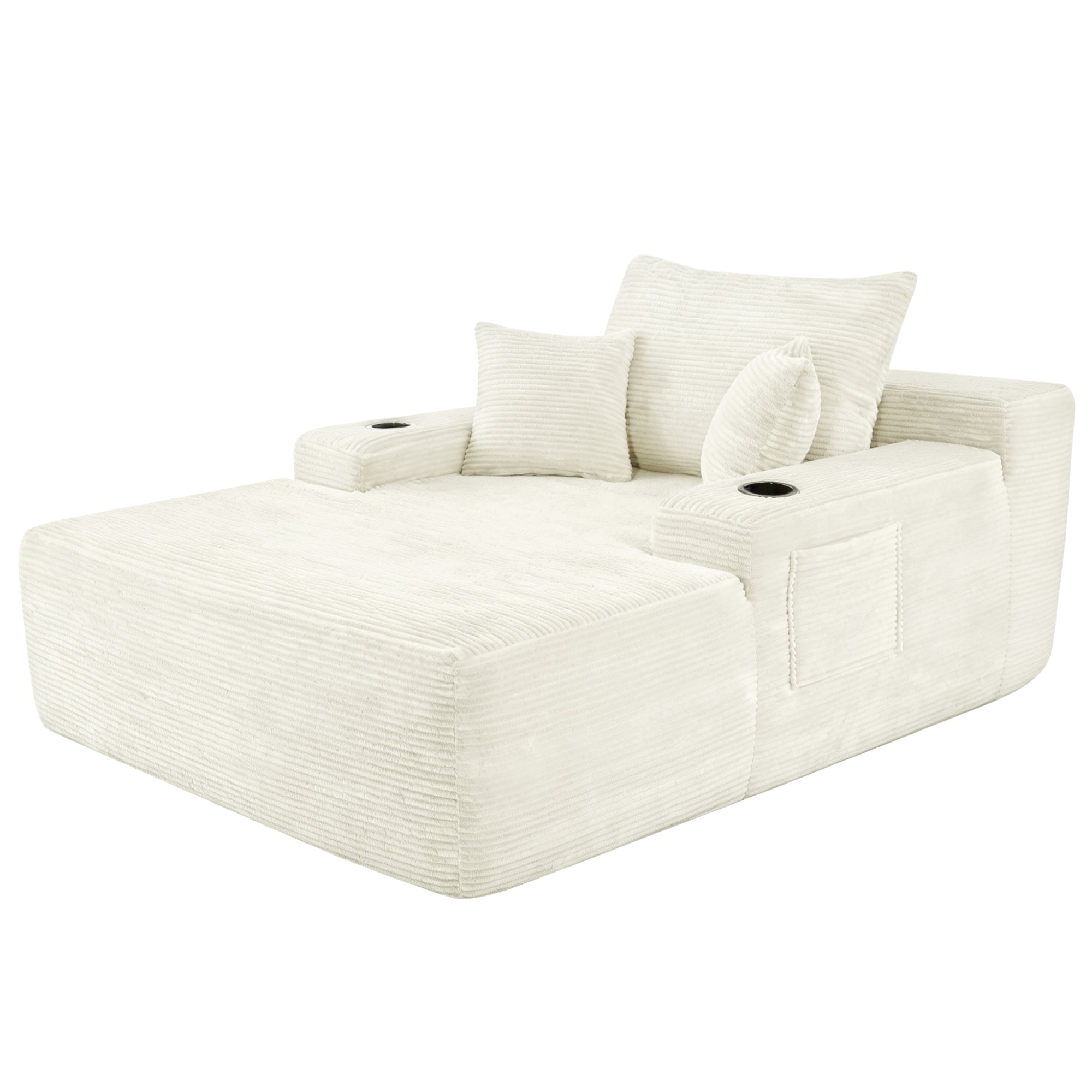 Leumius Oversized Chaise Lounge Chair Indoor,Upholstered Corduroy Cloud Couch Boneless Sofa Bed with Wide Armrest & Throw Pillows,Cup Holder for Living Room,Bedroom,No Assembly Required,Beige