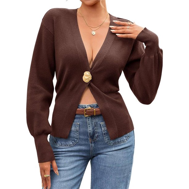 Cárdigan de Punto para Mujer, Larga, Cuello en V, Suéter de una Sola Hoja con Botones, Ropa de Abrigo Café M