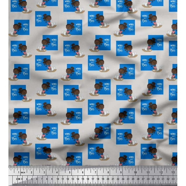 Soimoi Blue polyester Crepe Fabric Monitor & Bossy Girl Fabric Prints By Yard 52 Inch Wide