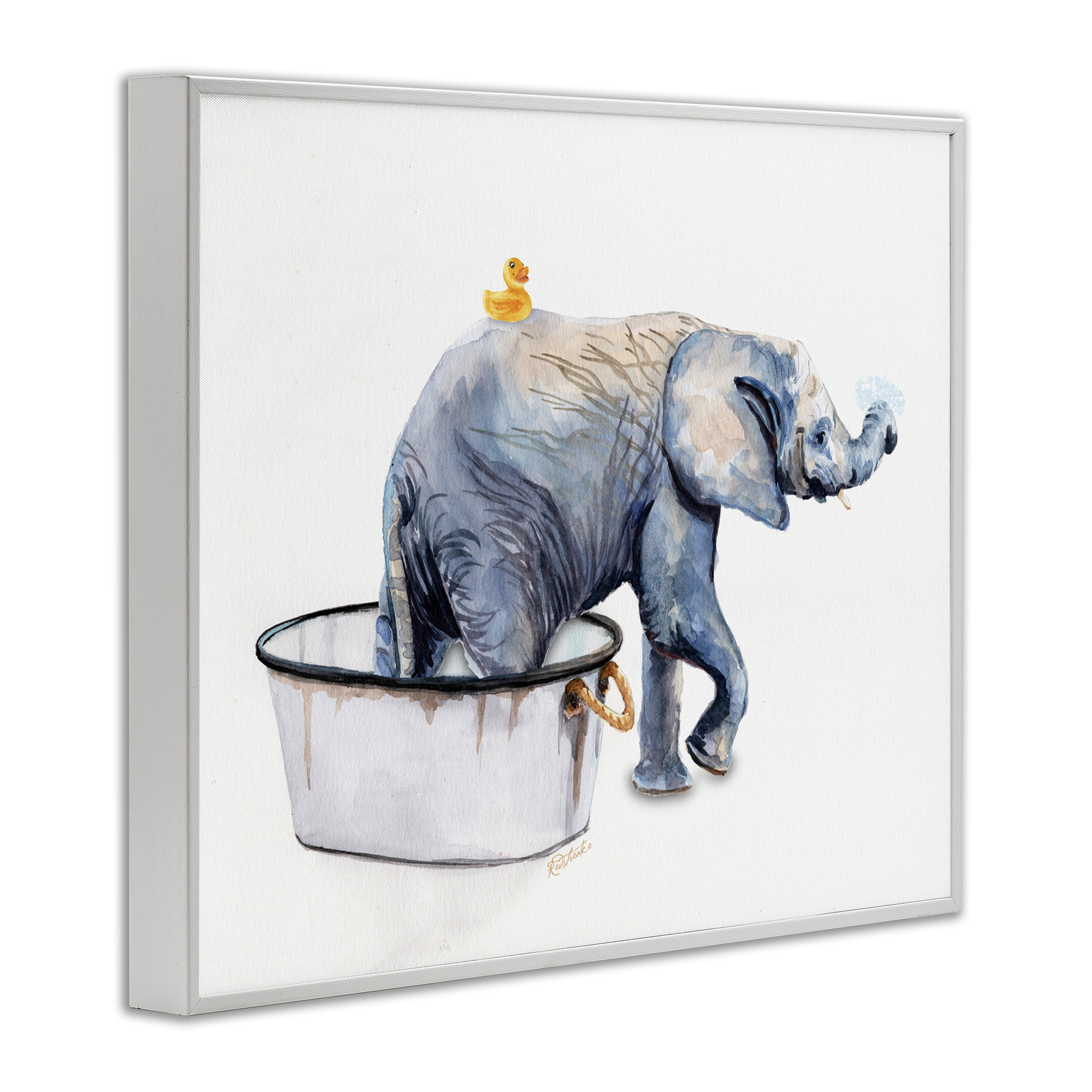 Stupell Industries Elephant & Rubber Duck Bath Animals & Insects Painting White Framed Art Print Wall Art, 30 x 24