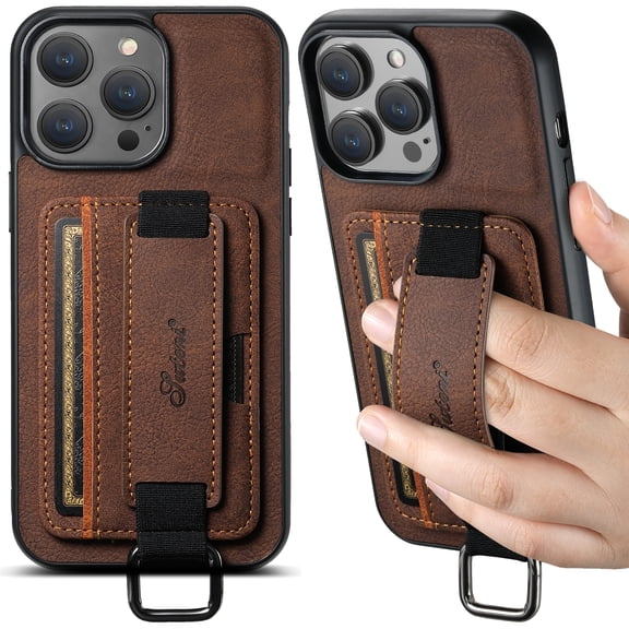 For iPhone 16 Pro Wallet Case, Card Holder Kickstand Phone Case for Women, Premium Leather Purse with Wrist Strap, Ring Holder Cover Credit Card Slot Cover for iPhone 16 Pro,Brown