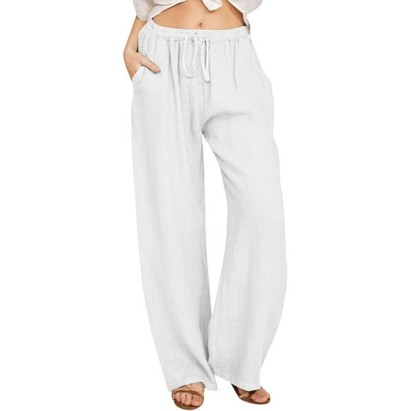 ZVAVZ Cotton Linen Casual Pants for Women,Ladies Elastic Waist Drawstring Straight Leg Trousers Comfy Baggy Yoga Pants Trousers for Beach Vacation Clearance White XXL