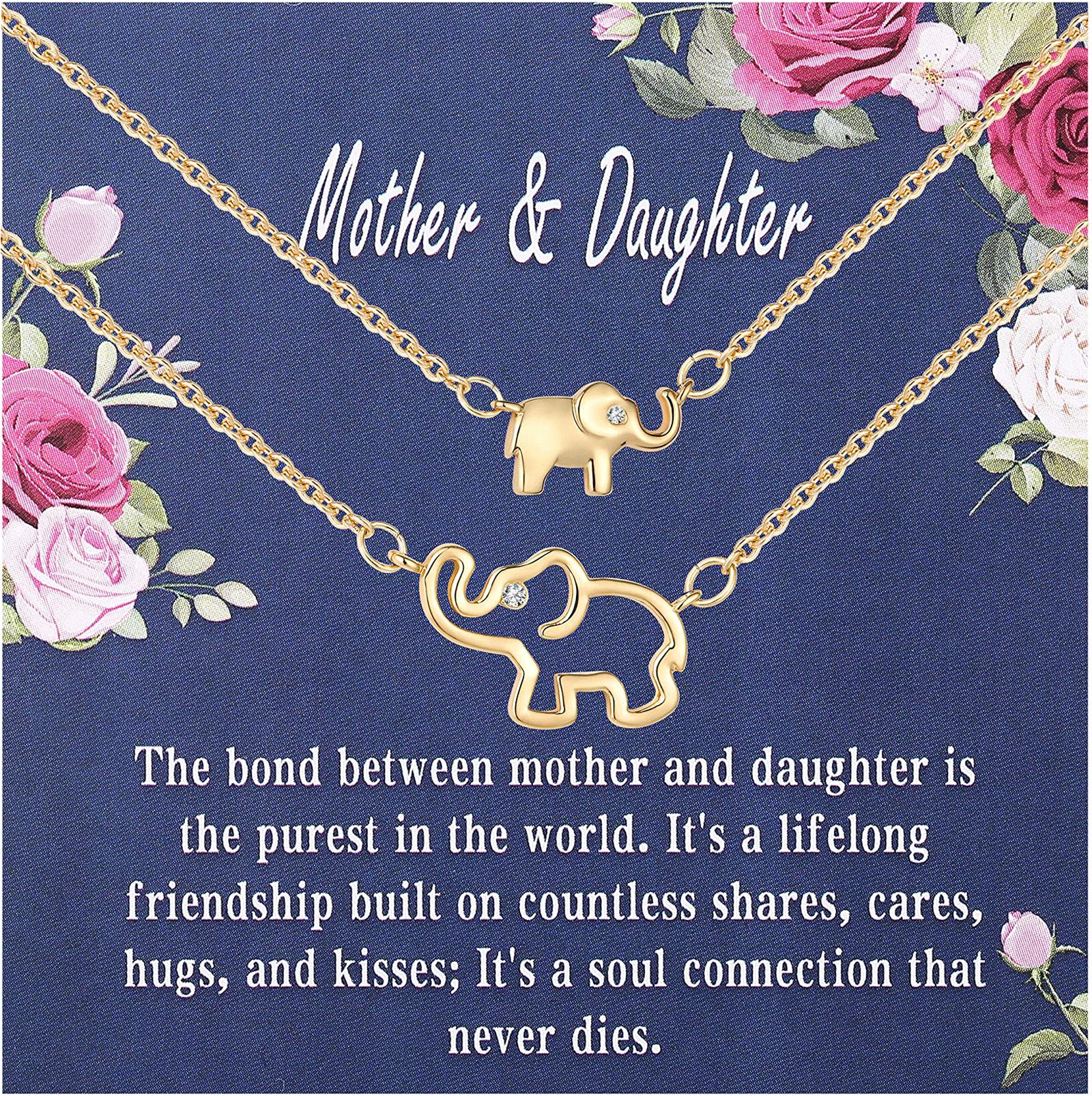 APSVO 18K Gold Plated Elephant Mother Daughter Necklace Matching Jewelry Set for Women Mom Mommy Grandma Granddaughter Pendant Chain Accessories Stuff Age Birthday Mother's Day Jewelry Gifts