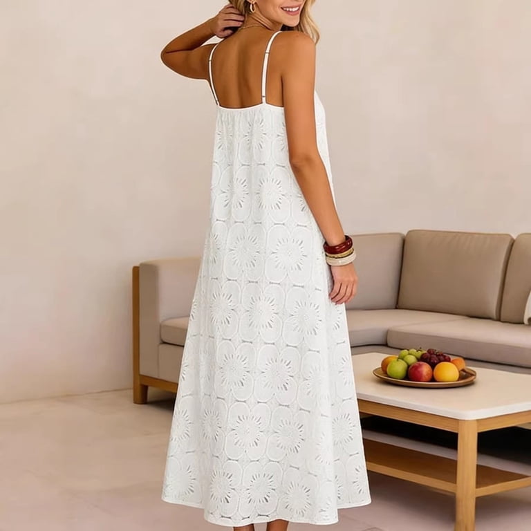 white boho shift dress Virmaxy 2026 Women's Relaxed Shift Maxi Dress Adjustable Spaghetti Strap Square Neck Allover Floral Eyelet Lace Lined Solid White Boho Casual Beach