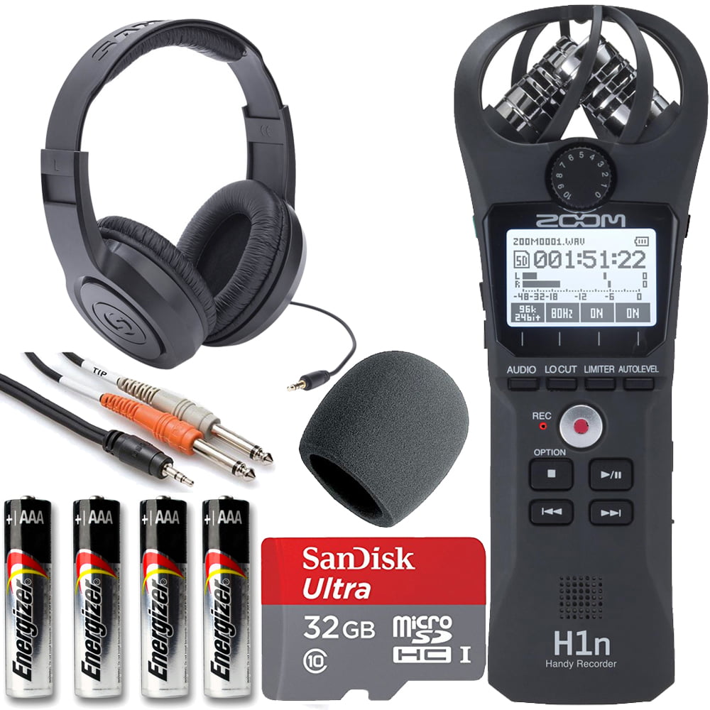 Zoom H1n Handy Recorder Black + On Stage Windscreen + SanDisk Ultra 32GB Card + Cable + Samson Headphones + Energizer AAA Batterie