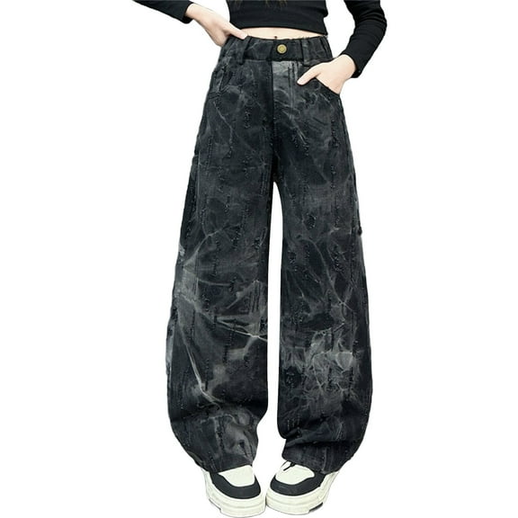 KAUOD Baggy Ripped Jeans for Teen Girls High Waist Baggy Jeans Y2K Tie Dye Wide Leg Distressed Denm Pants Hip Hop Streetwear