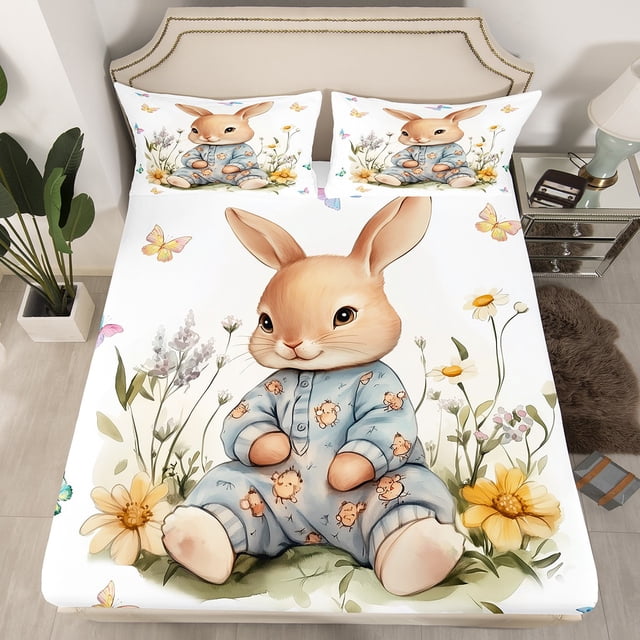 Erosebridal Cute Bunnies Fitted Sheet Full, Floral Rabbit Bedding Set Full Size, Happy Easter Decor, 3 Pieces,(No Top Sheet)