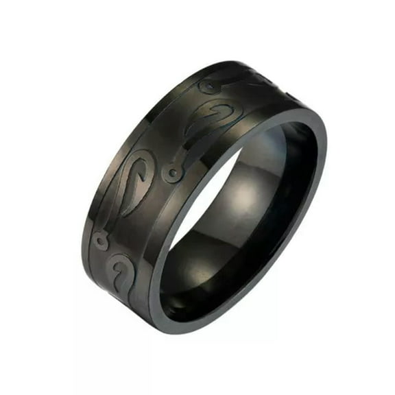 GKNET Mens Womens Gold Fishing Fish Hook Band Ring Stainless Steel Size 7-12-9-Black