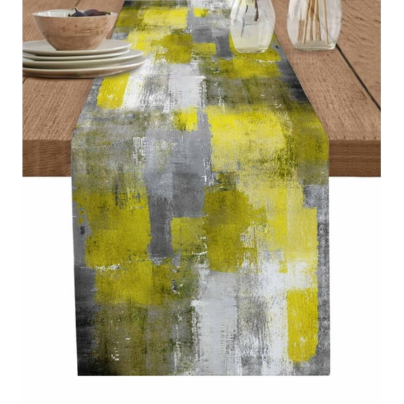 ERUNPONLY Yellow Grey Table Runner - 72 Inch Long Modern Oil Painted Abstract Art Aesthetics Cotton and Linen Blended Dress Scarves Farmhouse Table Runner for Kitchen Dining, Coffee Table, 16"x72"