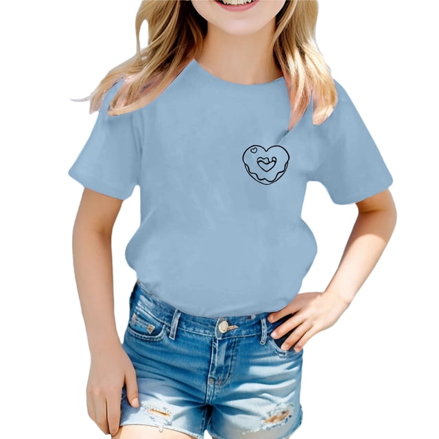 Hiiyo T-Shirt à Manches Courtes Col Rond Imprimé Cœur pour Filles T-Shirt Décontracté d'Été
