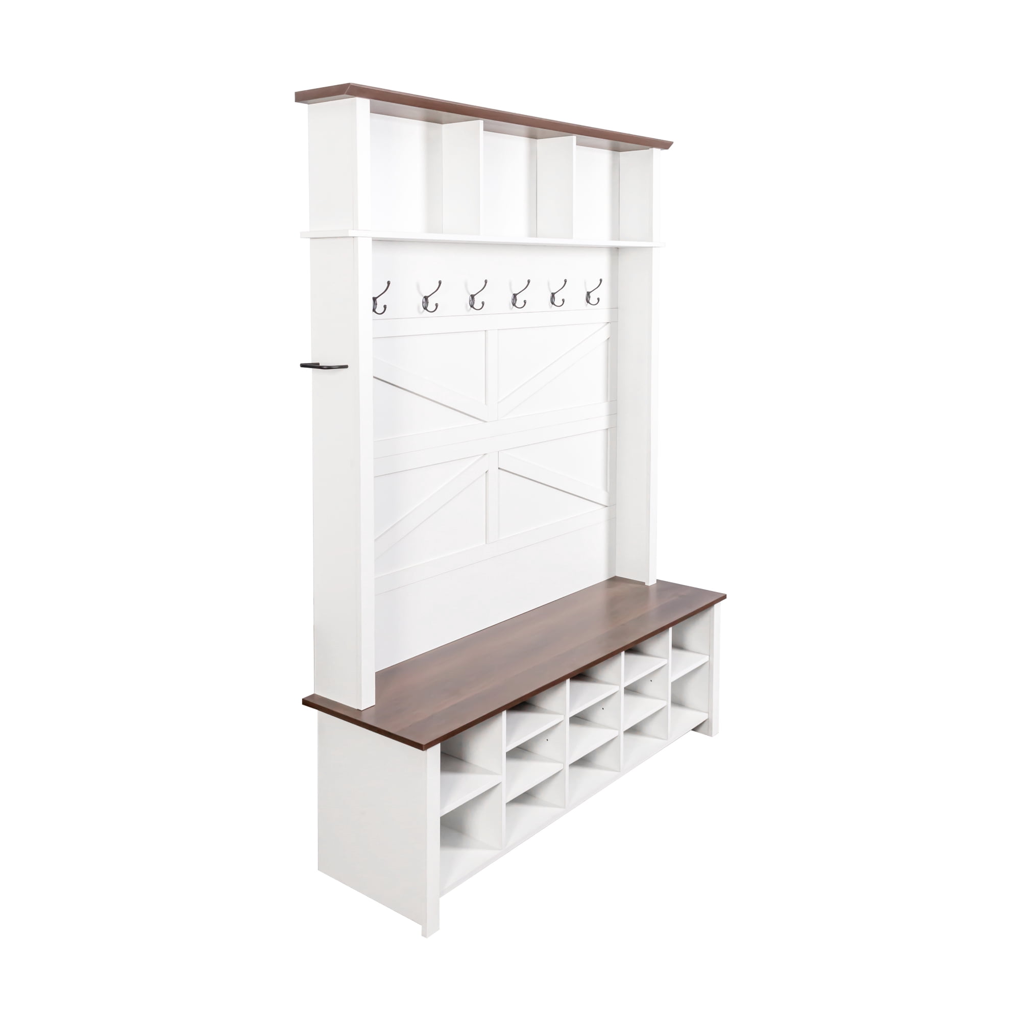 Euroco Farmhouse Hall Tree with 6 Hooks,Adjustable Shelves and 16 Open Compartments