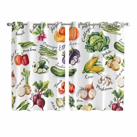 Vegetables Kitchen Curtains 63 Inch Length, Watercolor Farmhouse Fruits Grommet Top Bedroom Living Room Curtains, Light Filtering Cafe Curtain Drapes 2 Panels Set 104''x63''