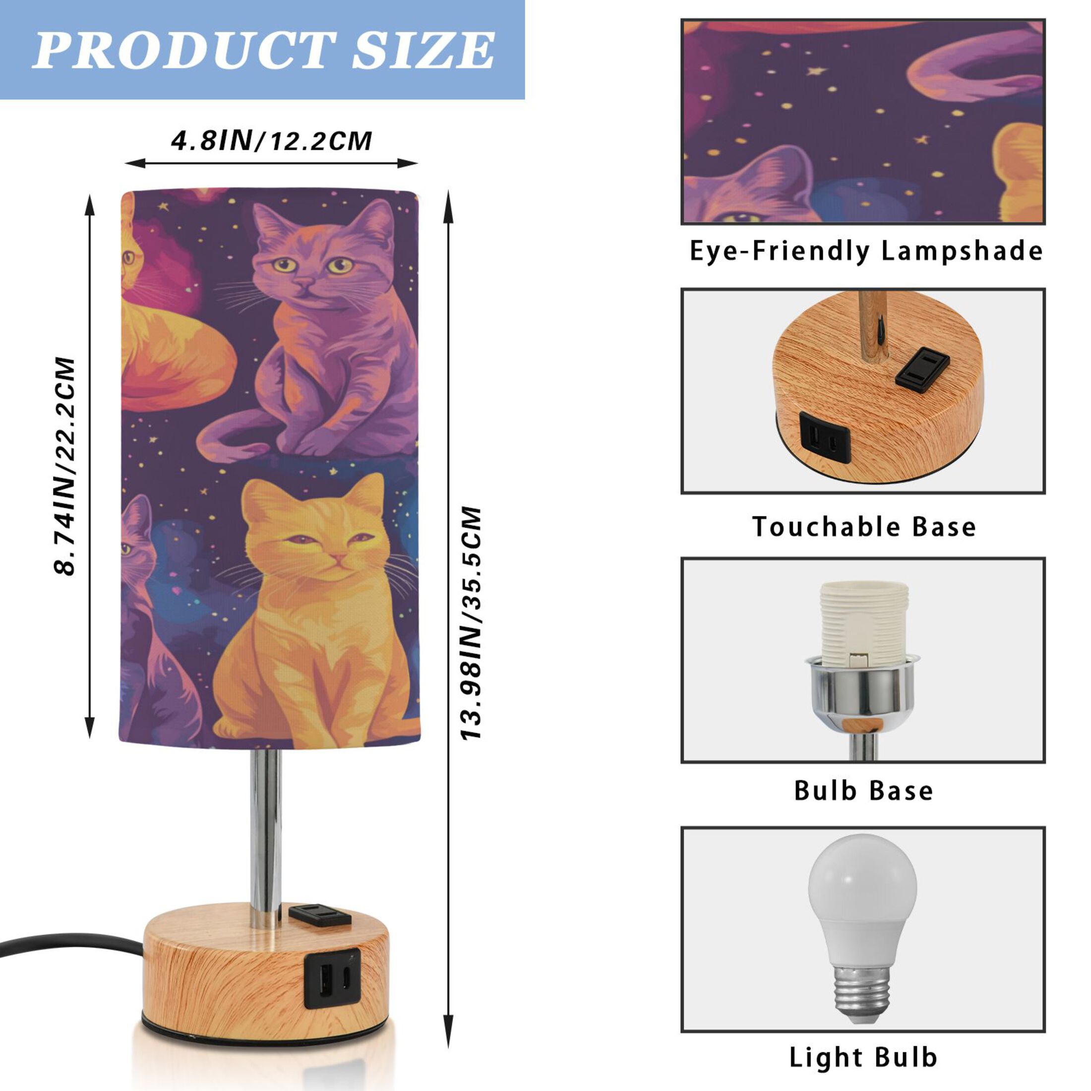 Touch-Control 3-Color Desk Lamp with Plug – Energy-Saving LED + 3 Simultaneous Charging Ports Cats in The Stars